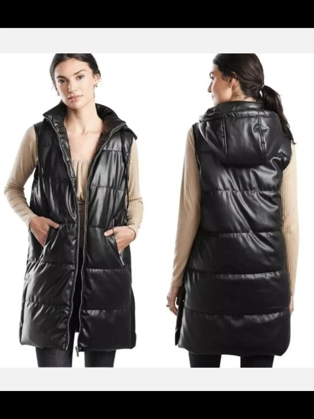 Vigoss Black Quilted Faux Leather Hooded Vest
